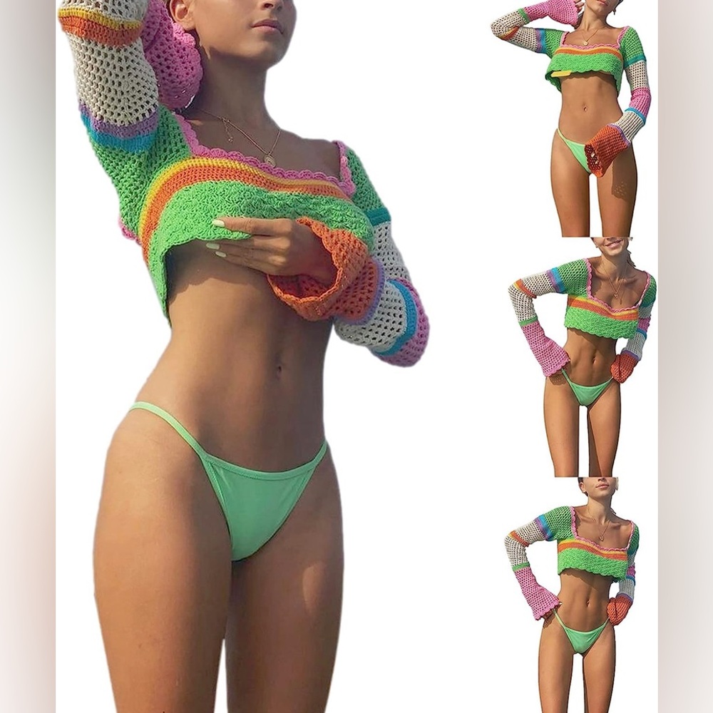 Crochet y2k colorful long sleeve crop top BRAND NEW medium - Picture 3 of 6